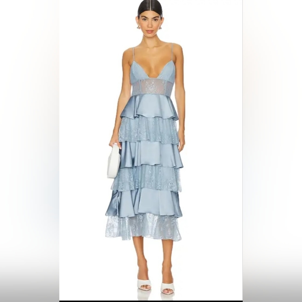 WeWoreWhat Powder Blue Tiered Lace Midi Dress